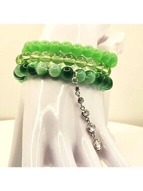 Green Bracelet Stack, Emerald Beaded Bracelet Set, Glam Bracelet Stack, Layered